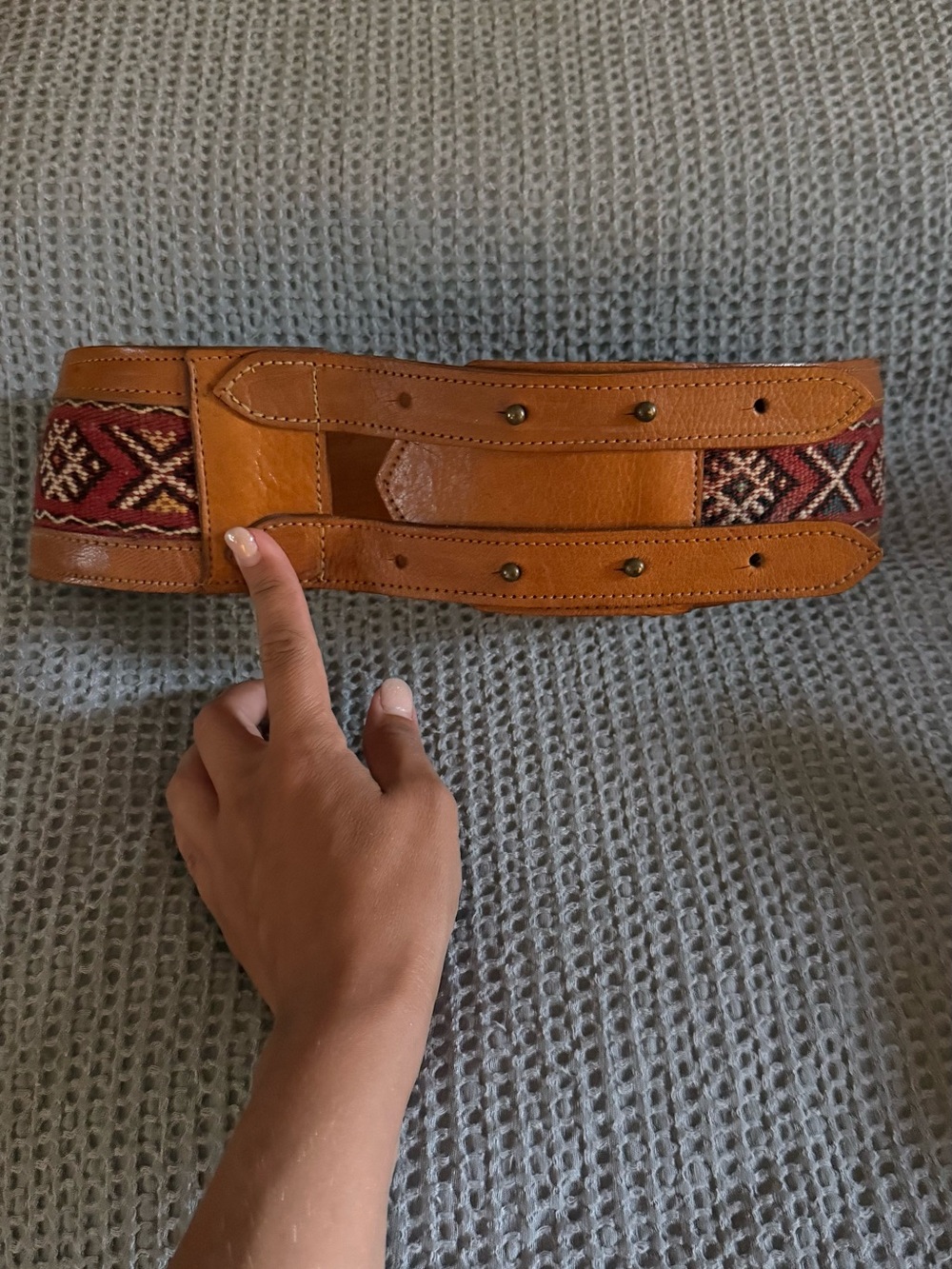 Leather Waist Belt with Red/Rust/western Woven Accent